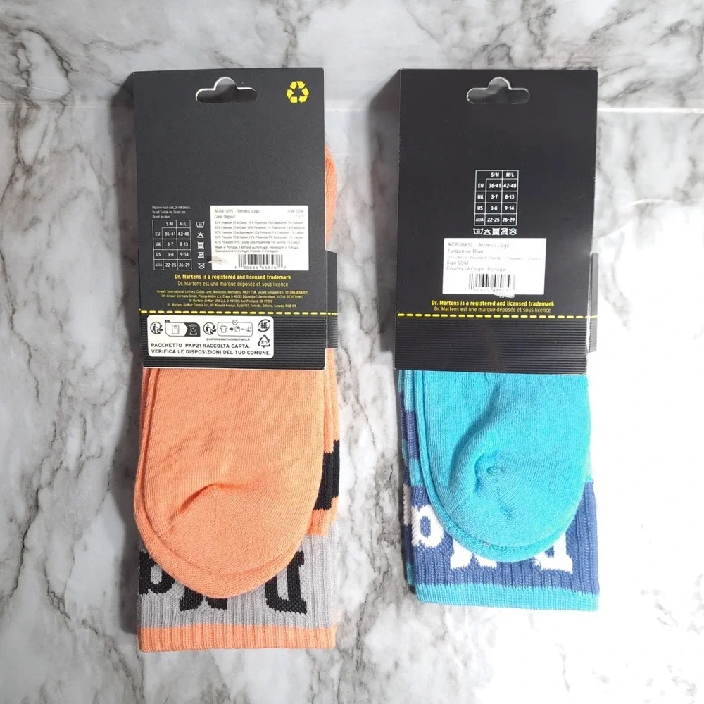 2 Pairs Dr Martens Athletic Logo‎ Socks Size S/M Coral Organic/Turquoise Blue